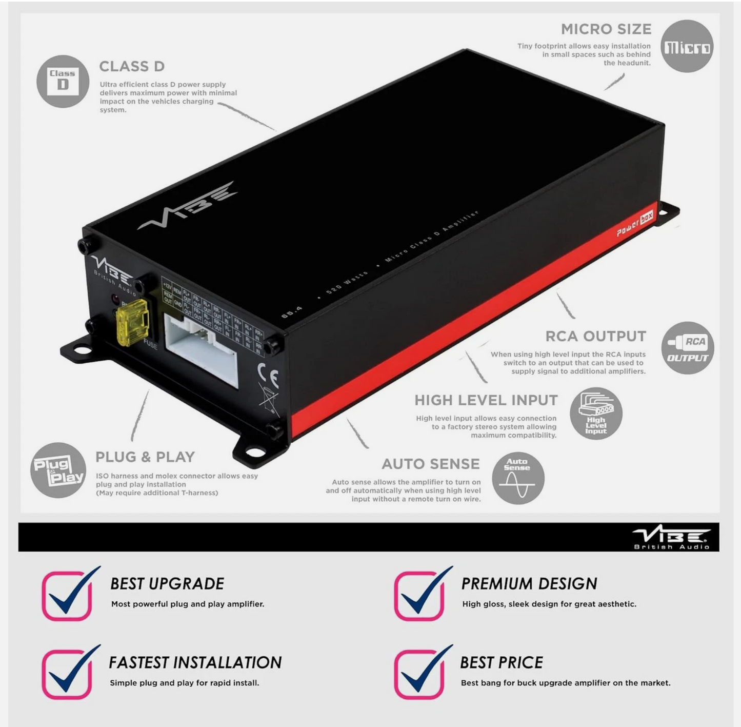 Vibe Audio Car Powerbox Amp System 520W Micro Mini Amplifier Class D 4 Channel