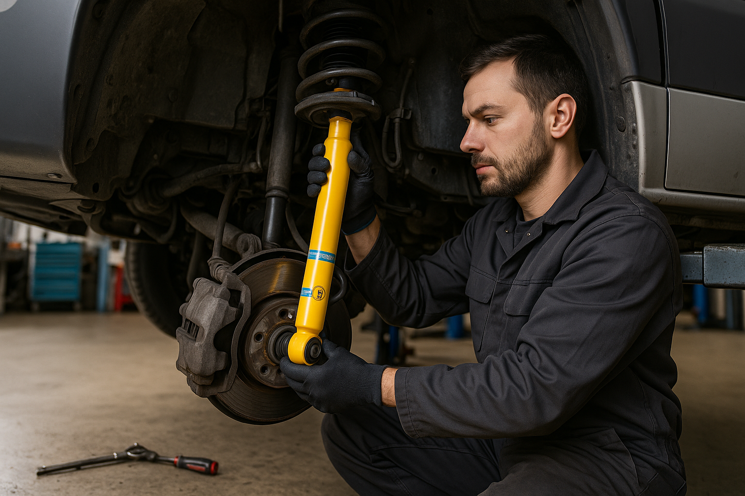  picture of a mechanic fitting a Bilstein shock on the front axle of a sprinter 906